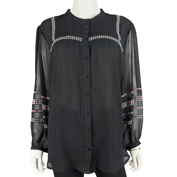 Chico's Tops - Chico's Blouse Womens‎ 3(XL) Black Sheer Embroidered Chiffon Top